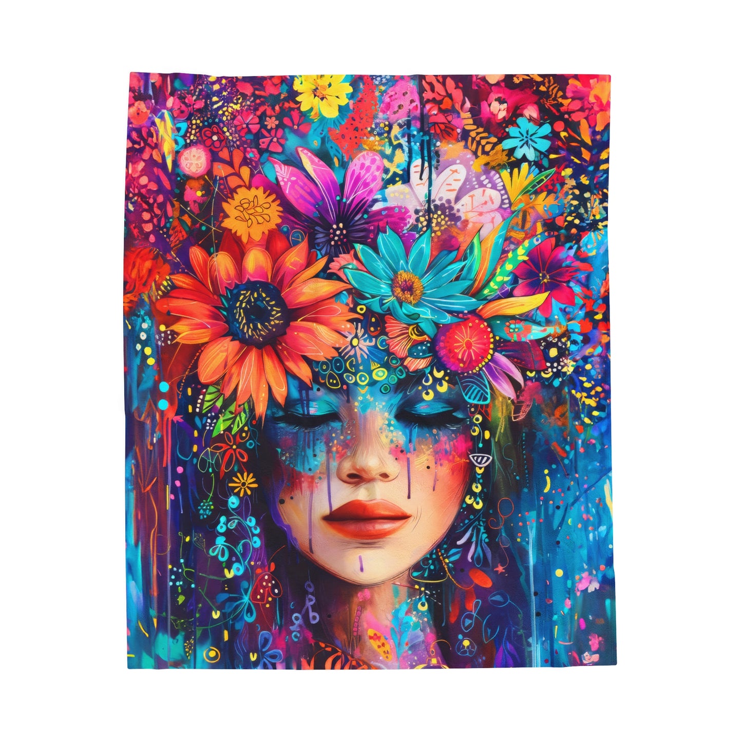 Electric Boho: Neon Flower Girl in Vibrant Hues Velveteen Plush Blanket 3 Sizes