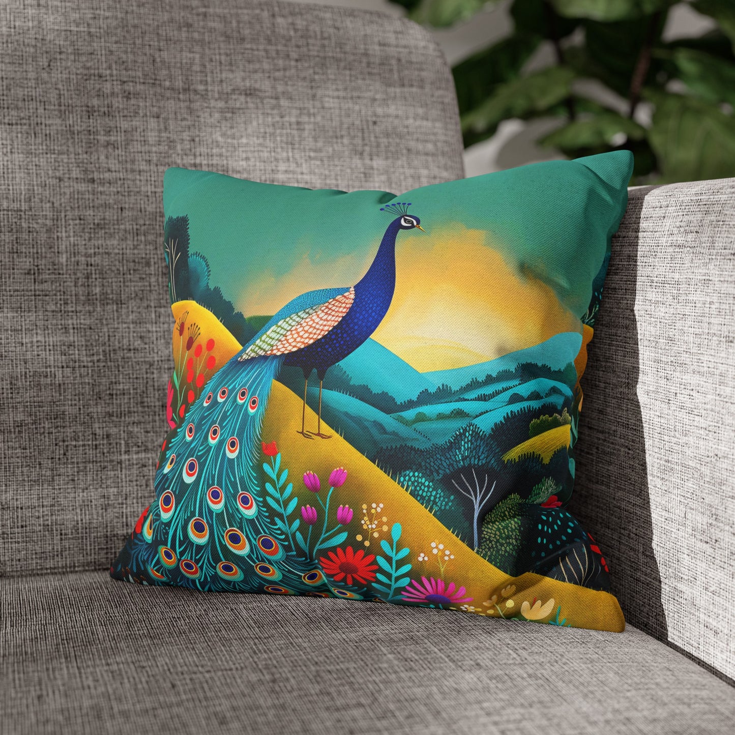 Radiant Peacock with Colorful Enchanted Garden and Sunrise Spun Polyester Square Pillowcase 4 Sizes