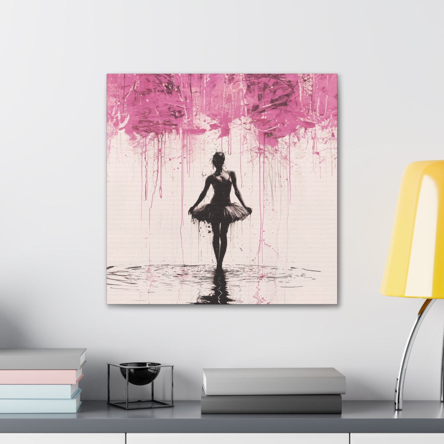 Dreamlike Reverie: Ballerina Dancing Amidst Pink Clouds and Gentle Rain Print on Canvas Gallery - 13 Sizes