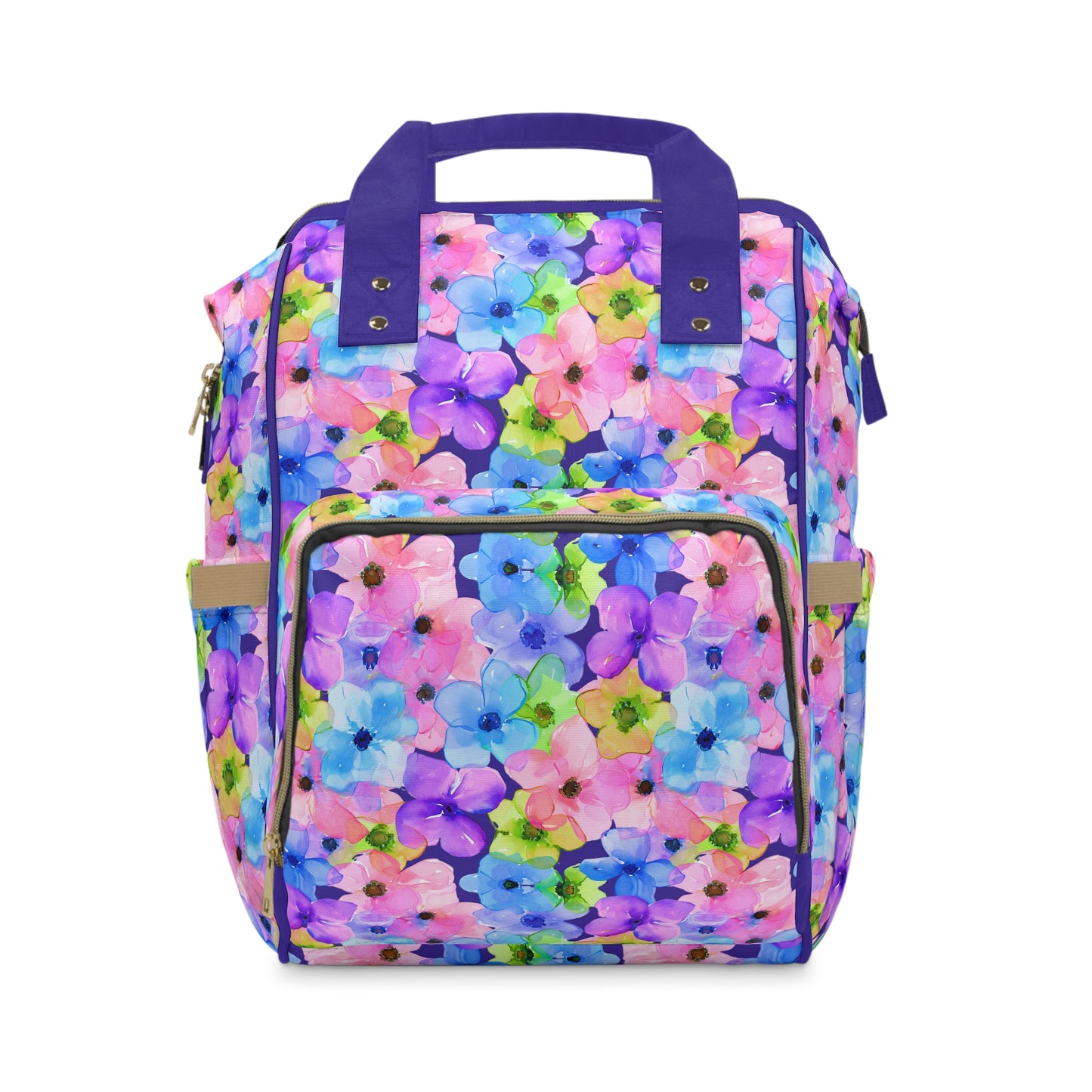 Prismatic Garden: Luminous Pink, Purple, and Blue Blossoms Multifunctional Diaper Backpack