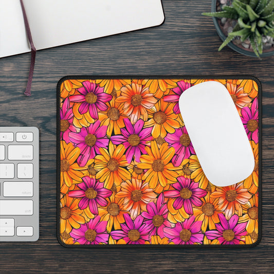 Vibrant Daisy Delight with Bold Orange and Pink Flowers Gaming Mouse Pad with Finished Edges