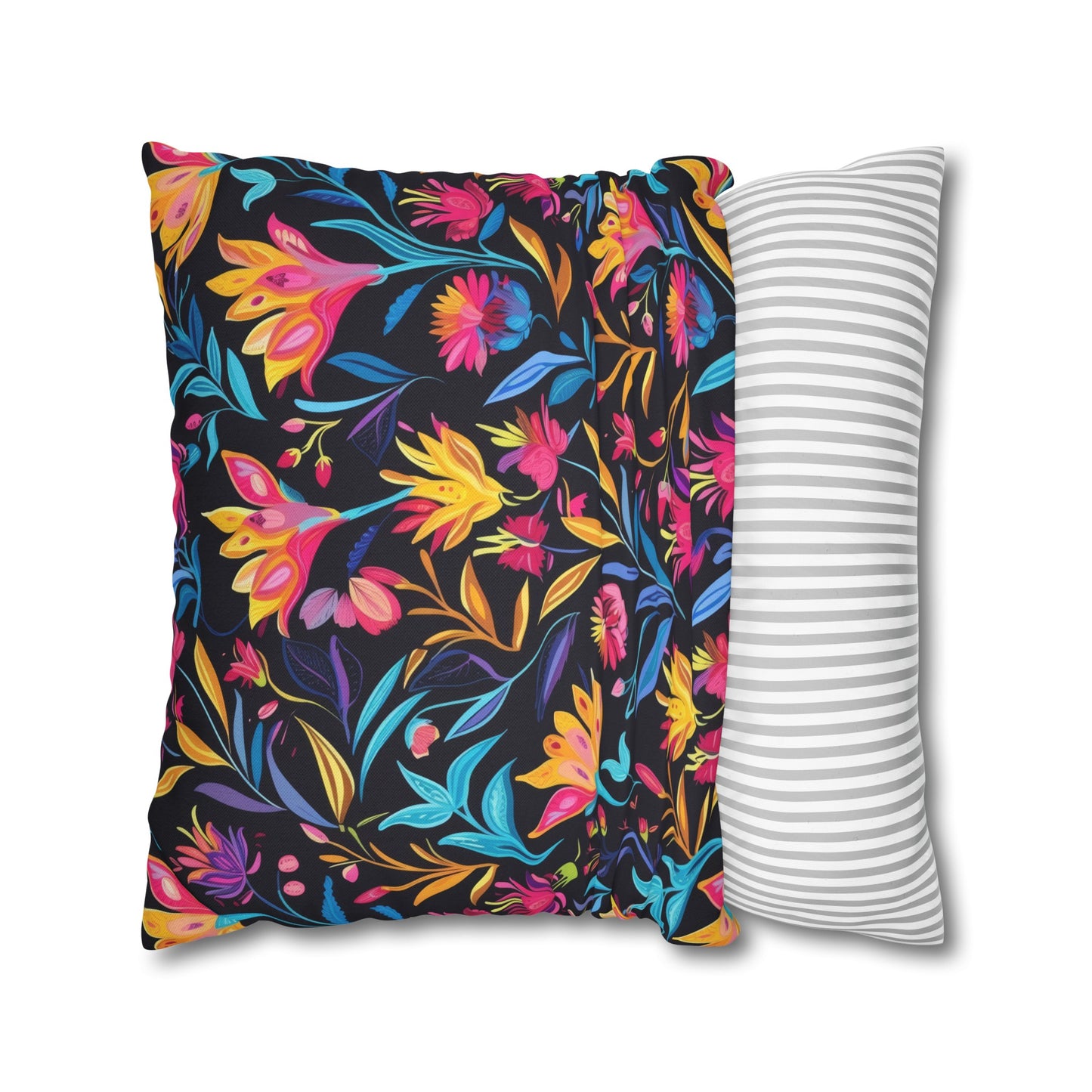 Vibrant Floral Fantasy in Midnight Garden Design Spun Polyester Square Pillowcase 4 Sizes