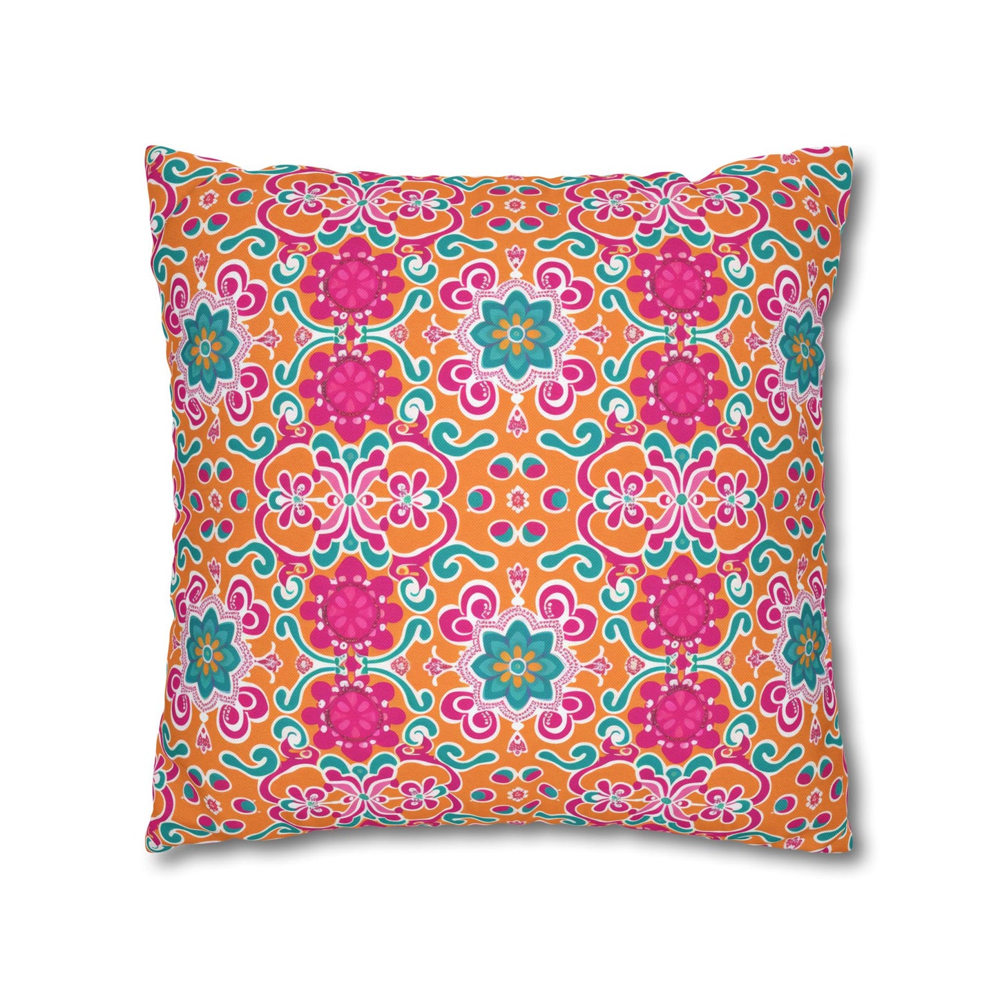 Kaleidoscope of Warm Tangerine, Lush Teal, and Lively Pink Blooms Polyester Square Pillowcase 4 Sizes