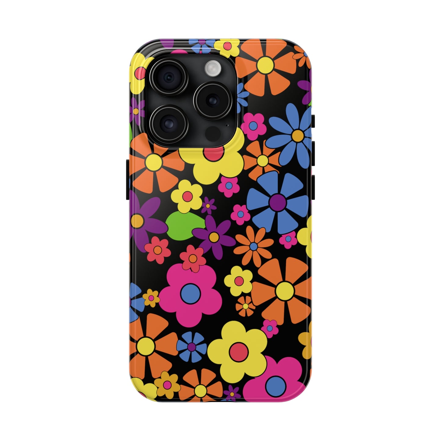 Flower Power Design on Black Background Iphone Tough Phone Case