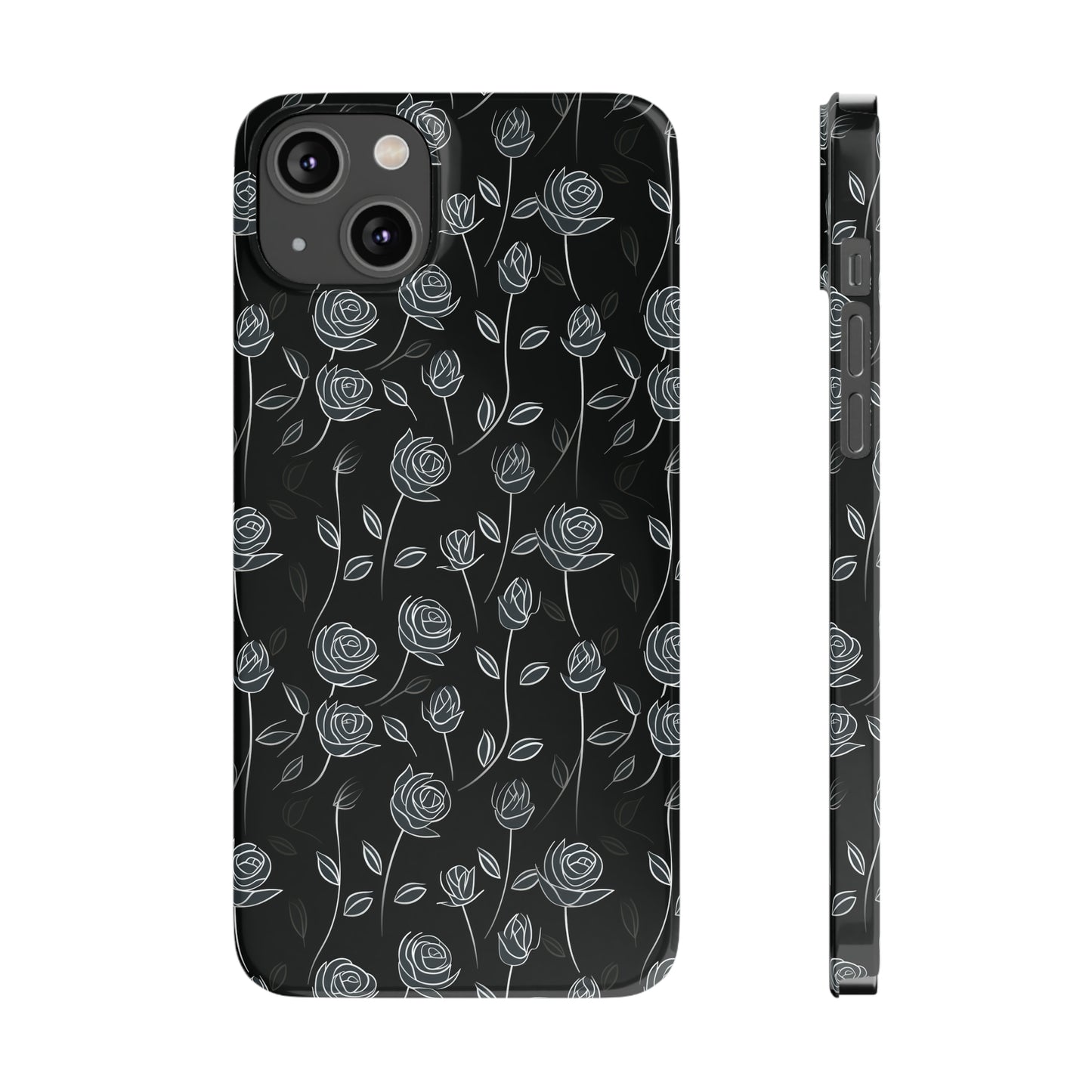 Contrasting Elegance: White Outlined Roses on a Black Background Iphone 15-12 Slim Phone Case