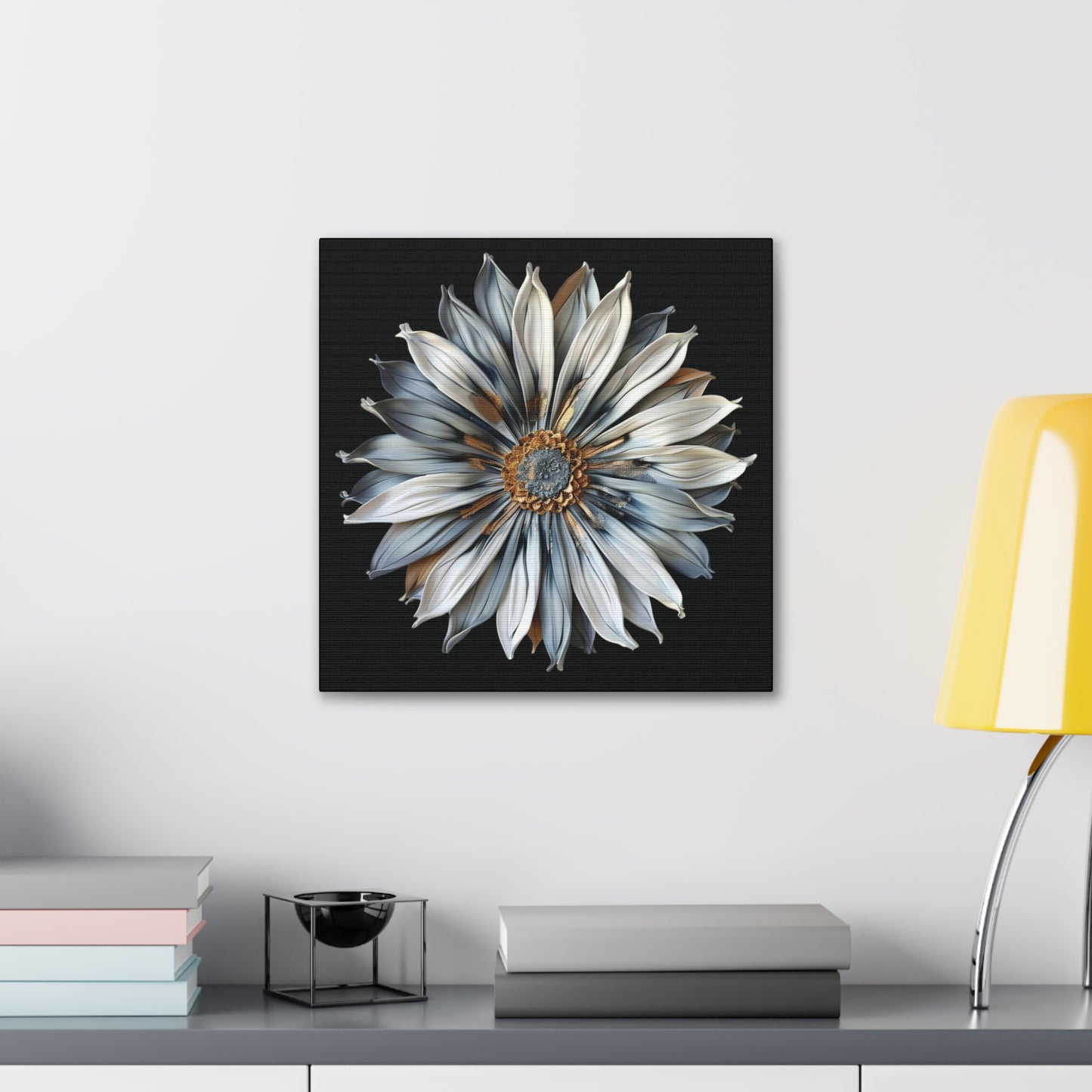 Pale Blue and Gold Sculpted Daisy on Black Background Print on Canvas Gallery Wraps  - 5 Sizes