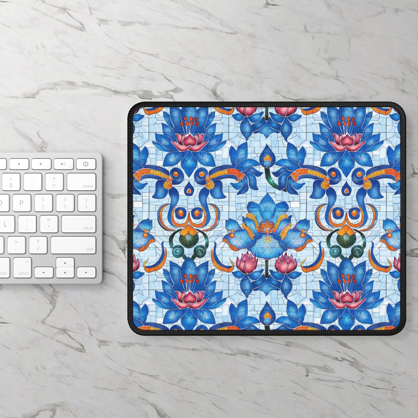 Majestic Mosaic Blossoms Vibrant Blue and Pink Floral Tile Design Mouse Pad with Finished Edges