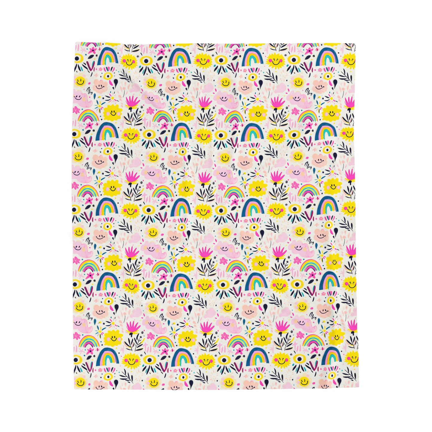 Retro Joy of Whimsical Smiling Flowers, Rainbows, and Playful Patterns Velveteen Plush Blanket 3 Sizes