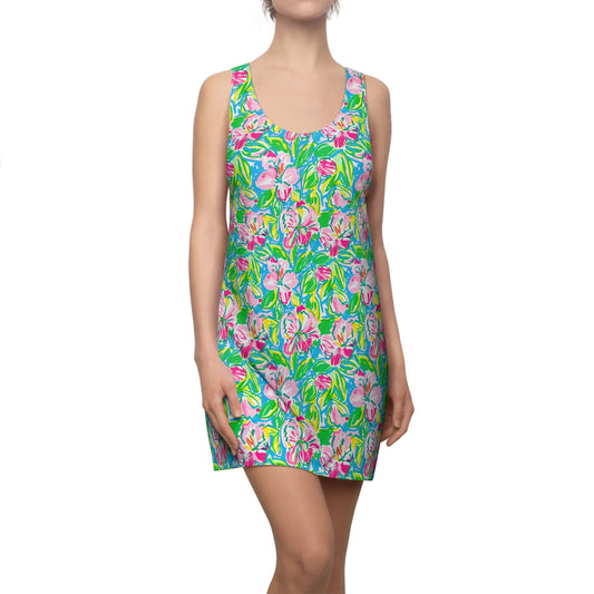 Whispering Meadows: Pink Blossoms, Lush Green Leaves, and Accents of Yellow and Blue Women's Racerback Dress XS - 2XL