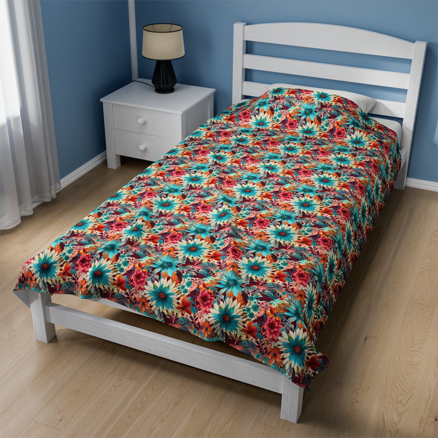 Floral Explosion of Pinks, Teals and Oranges on a Soft Cream Canvas Velveteen Plush Blanket 3 Sizes