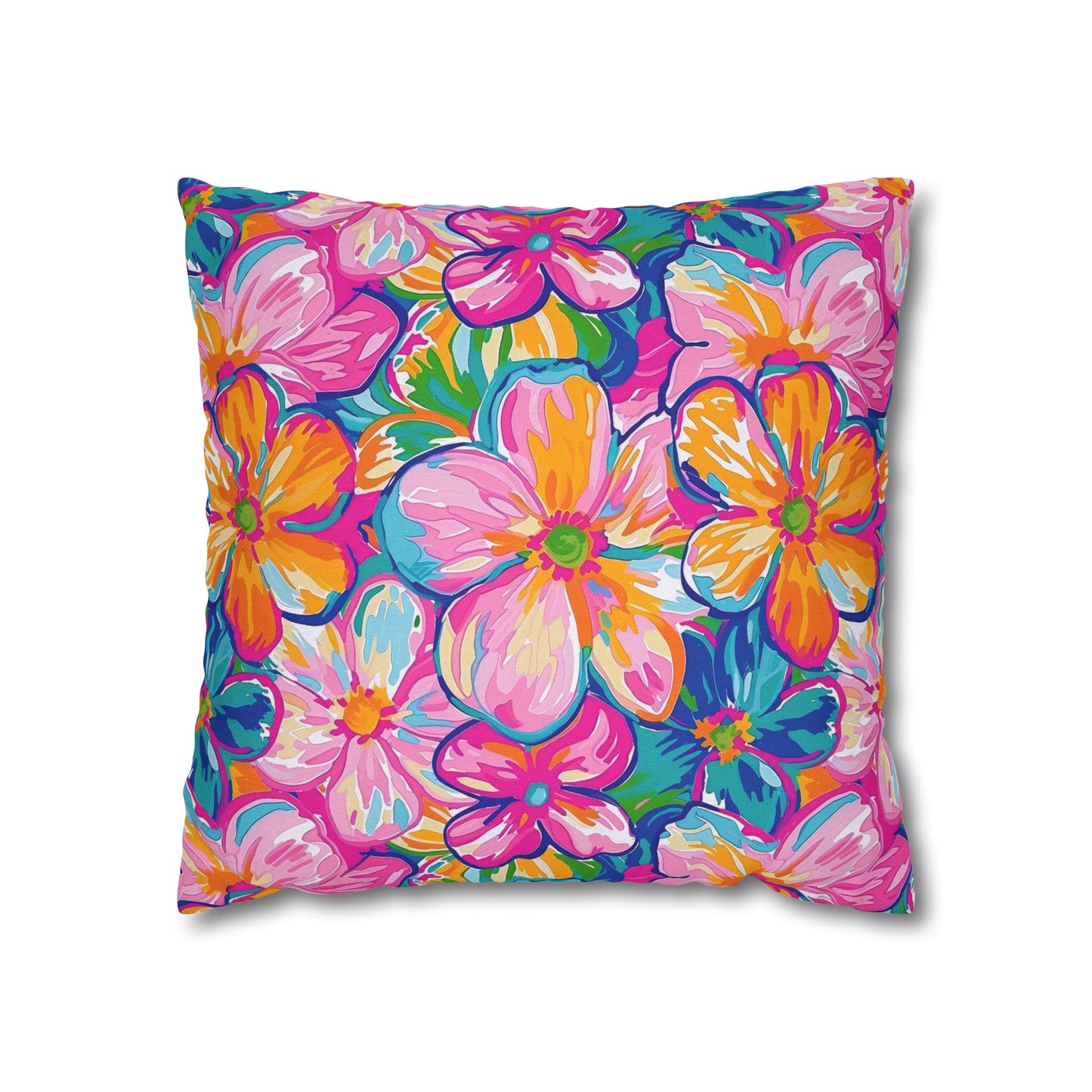 Chromatic Blossoms: Large Watercolor Flowers in Mixed Pinks, Blues, and Oranges Spun Polyester Square Pillowcase 4 Sizes