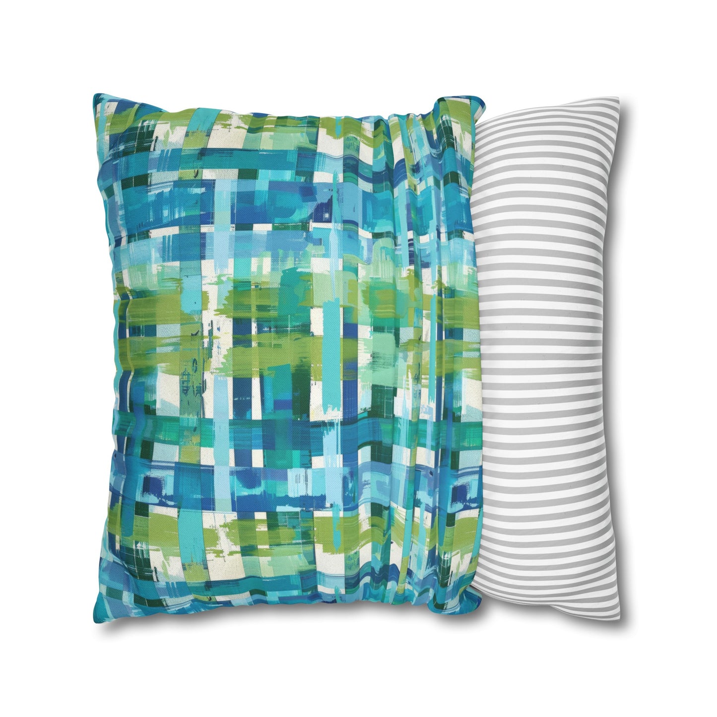 Enchanted Lagoon: Vibrant Green and Blue Abstract Plaid Spun Polyester Square Pillowcase 4 Sizes