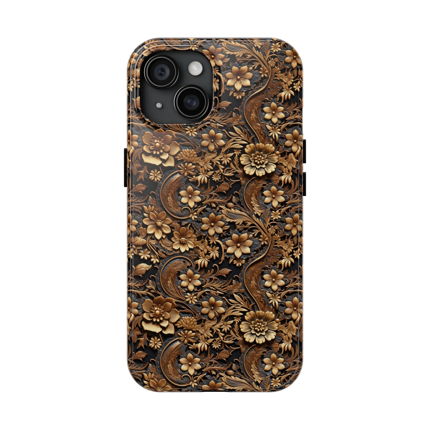 Tooled Leather Large Gold Flowers with Blue Leaf Swirl Accents Print Design Iphone Tough Phone Case