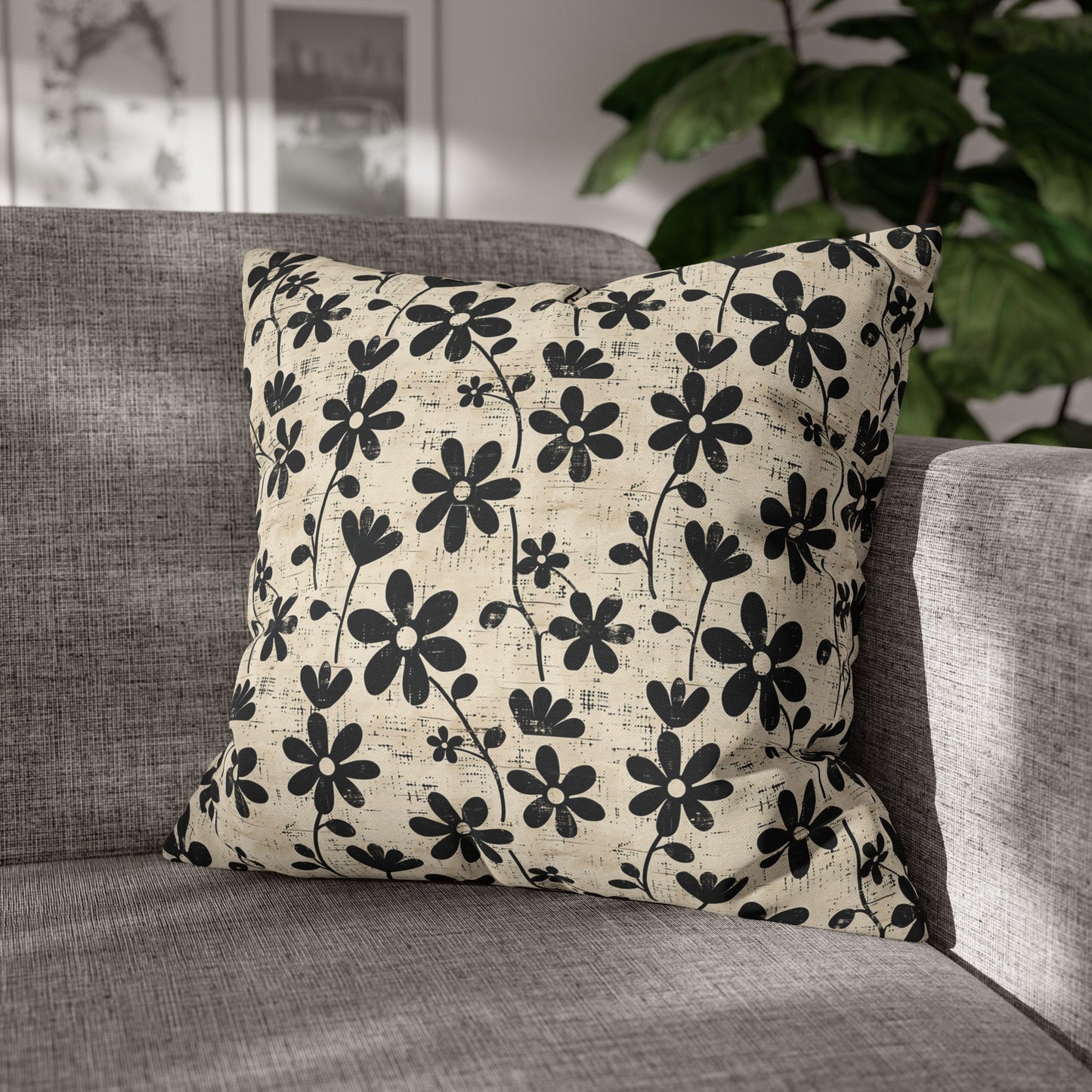 Distressed Black Floral on Beige Background Spun Polyester Square Pillowcase 4 Sizes