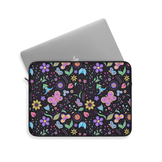 Whimsical Flutter: Kids' Enchanted Butterflies and Blooming Flowers on Black - Laptop or Ipad Protective Sleeve 3 Sizes