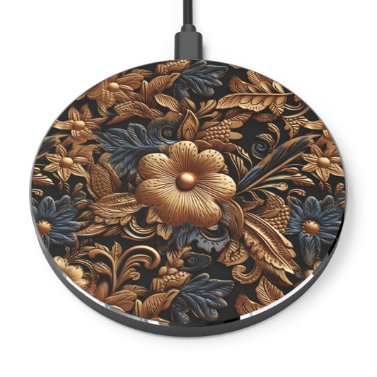 Tooled Leather Gold Flowers with Blue Leaves Accent Print Design Wireless Cell Phone 10W Charger