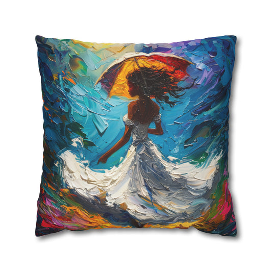 Dancing In The Rain and Sunshine Women in White Dress Swirling Floral Field of Flowers Spun Polyester Square Pillowcase 4 Sizes