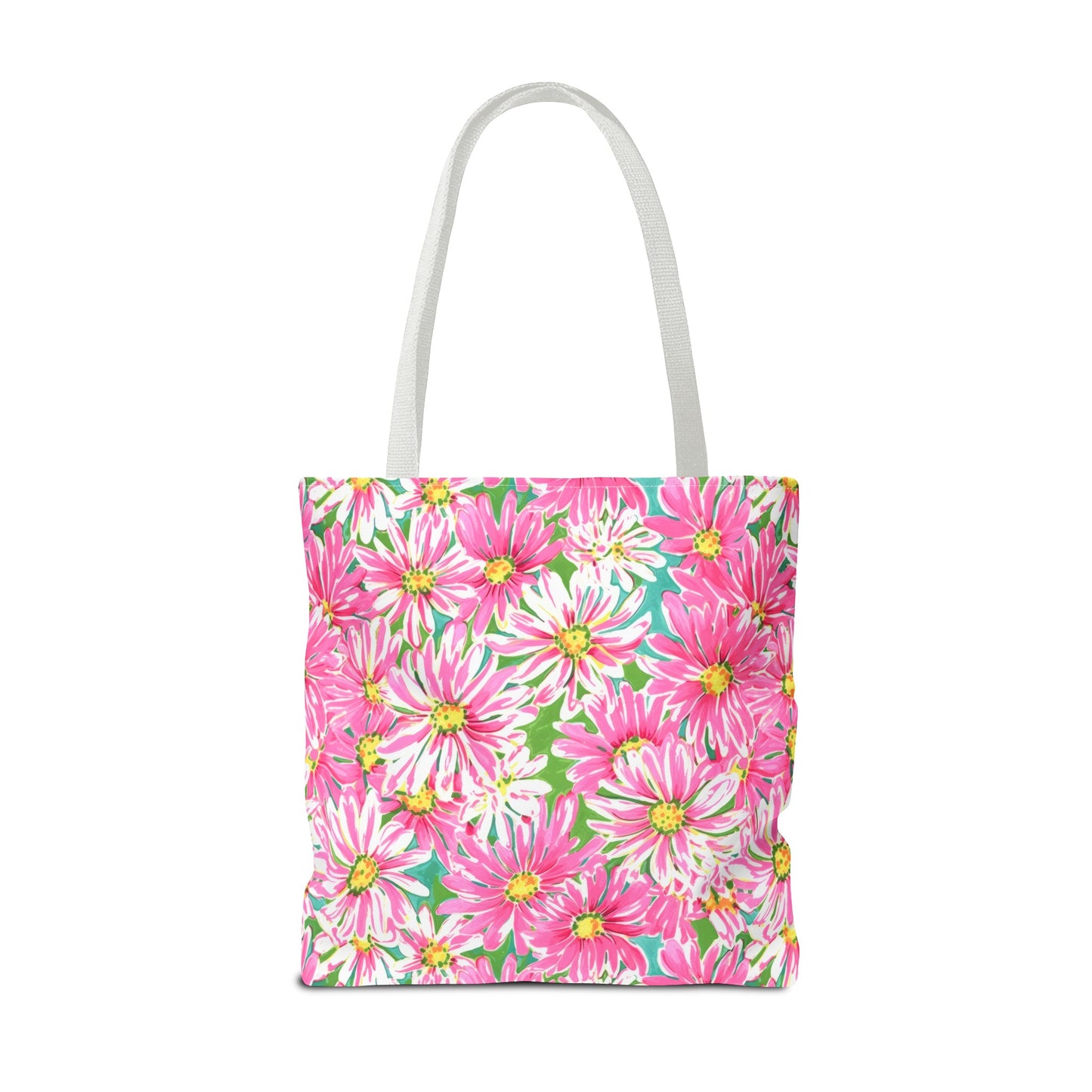 Springs Whisper: Watercolor Pink Daisies Dancing on a Lush Green Stage Canvas Tote Bag 3 Sizes