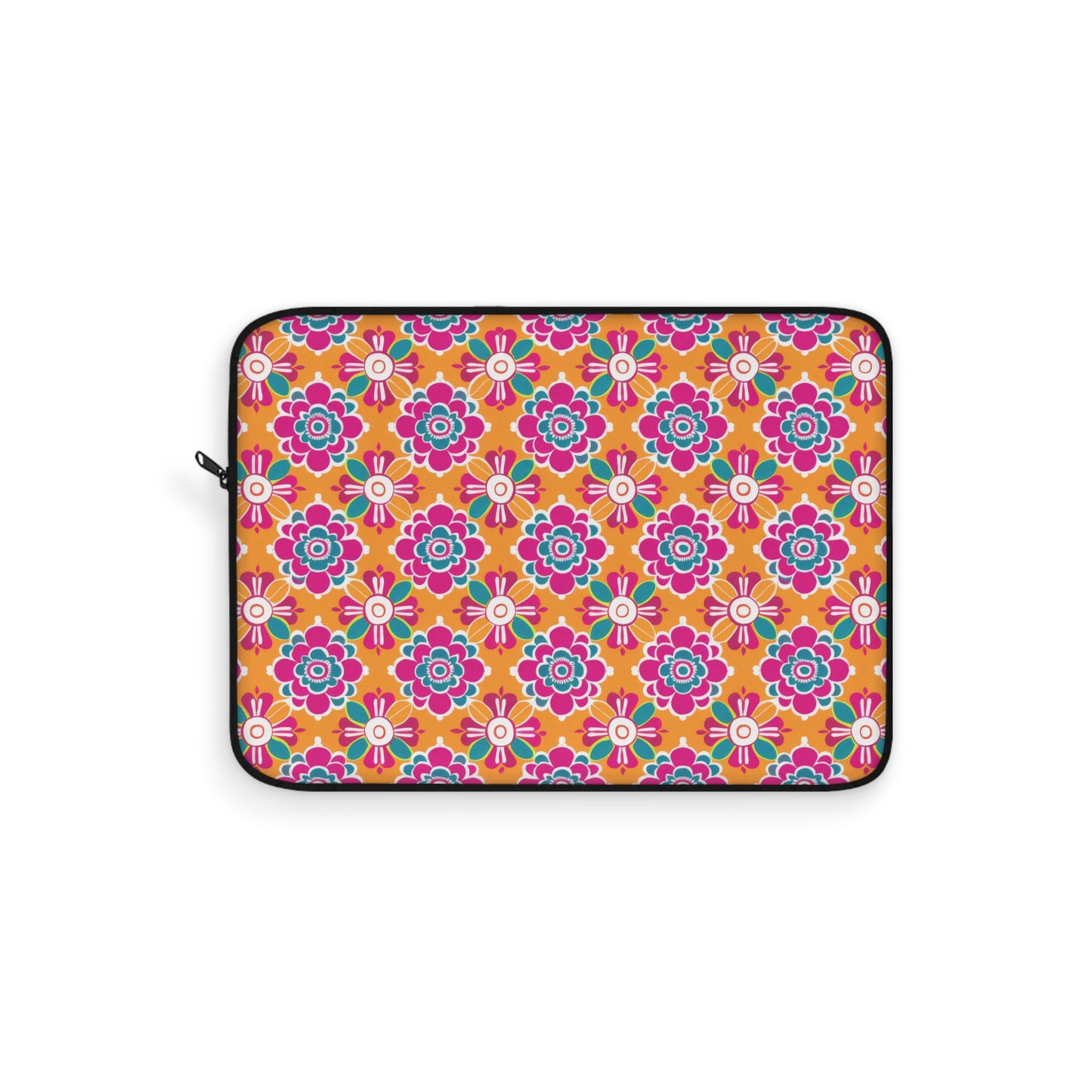 Array of Stylized Floral Motifs in Vivid Pink, Teal, and White Set Against a Warm Orange Backdrop Laptop or Ipad Protective Sleeve 3 Sizes Available