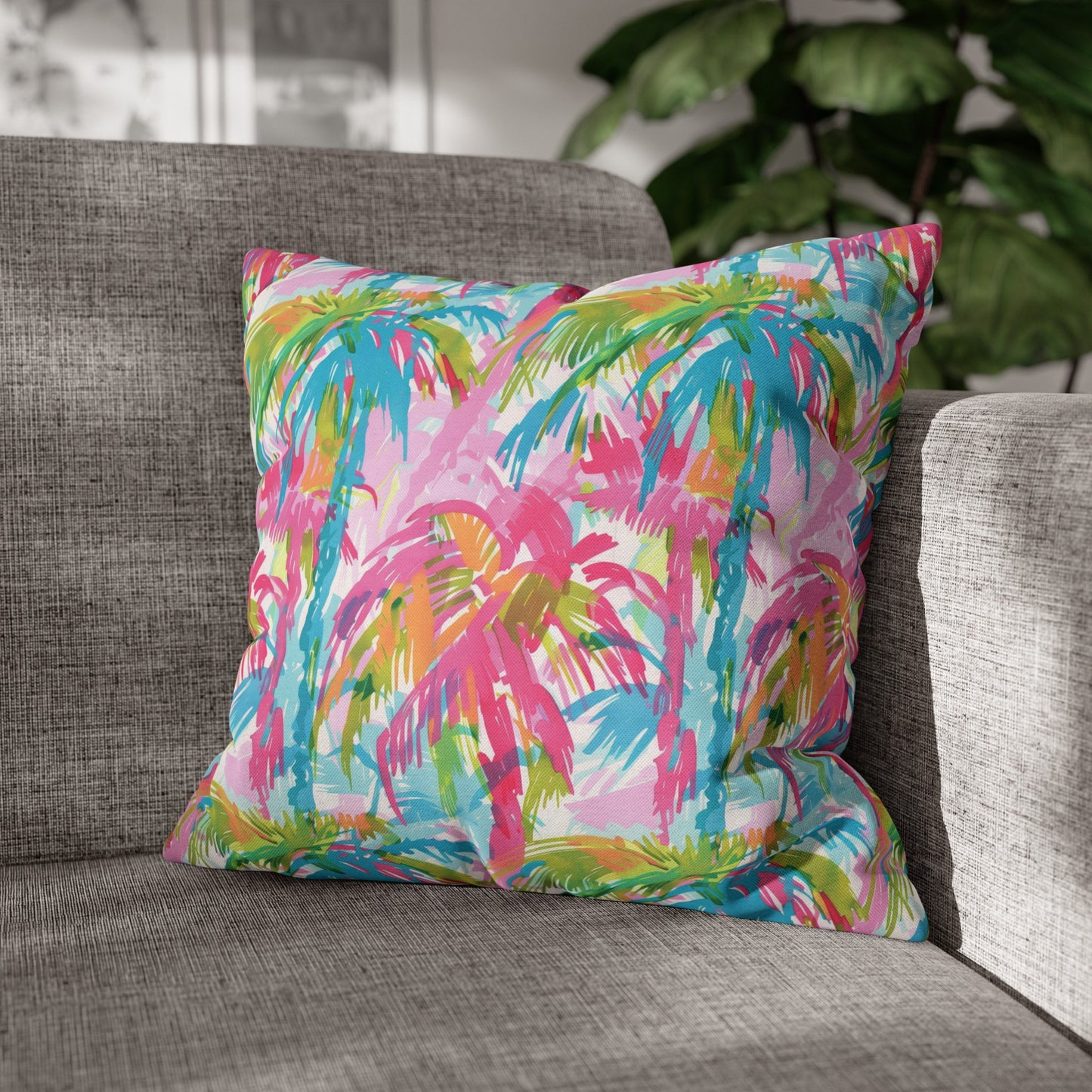 Pastel Paradise: Palm Trees in Soft Blues, Pinks, and Greens Spun Polyester Square Pillowcase 4 Sizes