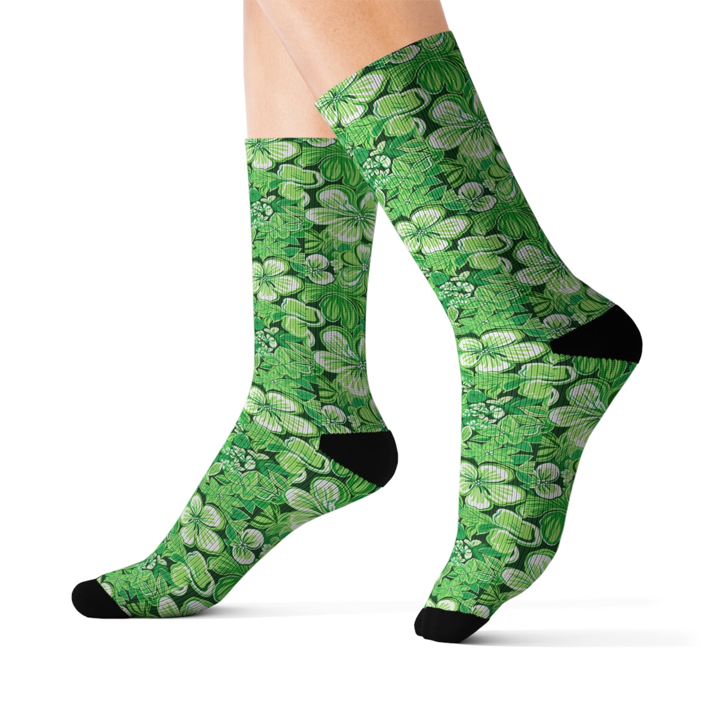 Emerald Essence: Floral Bloom Design in Green Hues Ribbed Crew Socks