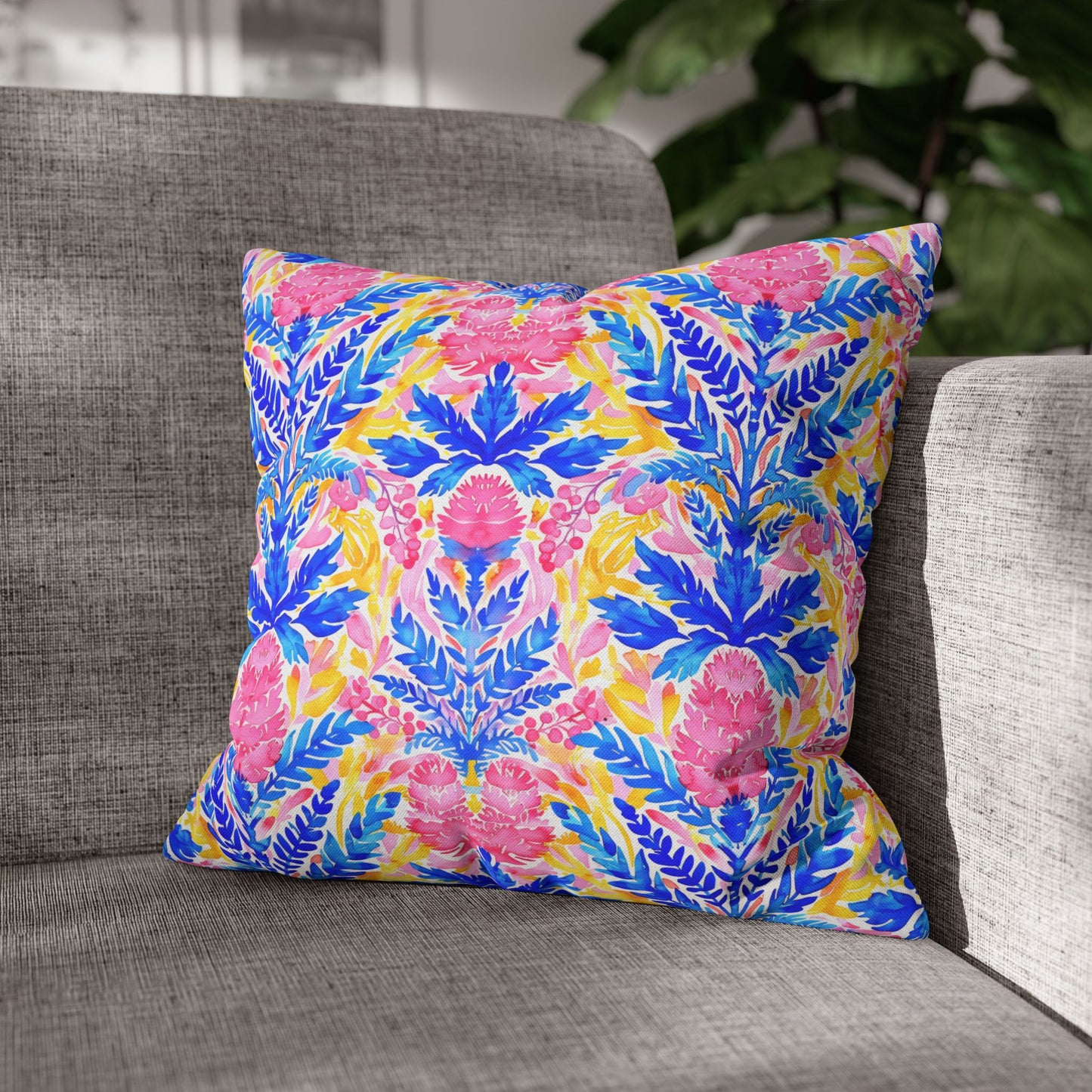 Tropical Watercolor Blooms in Vibrant Pinks and Blues Spun Polyester Square Pillowcase 4 Sizes