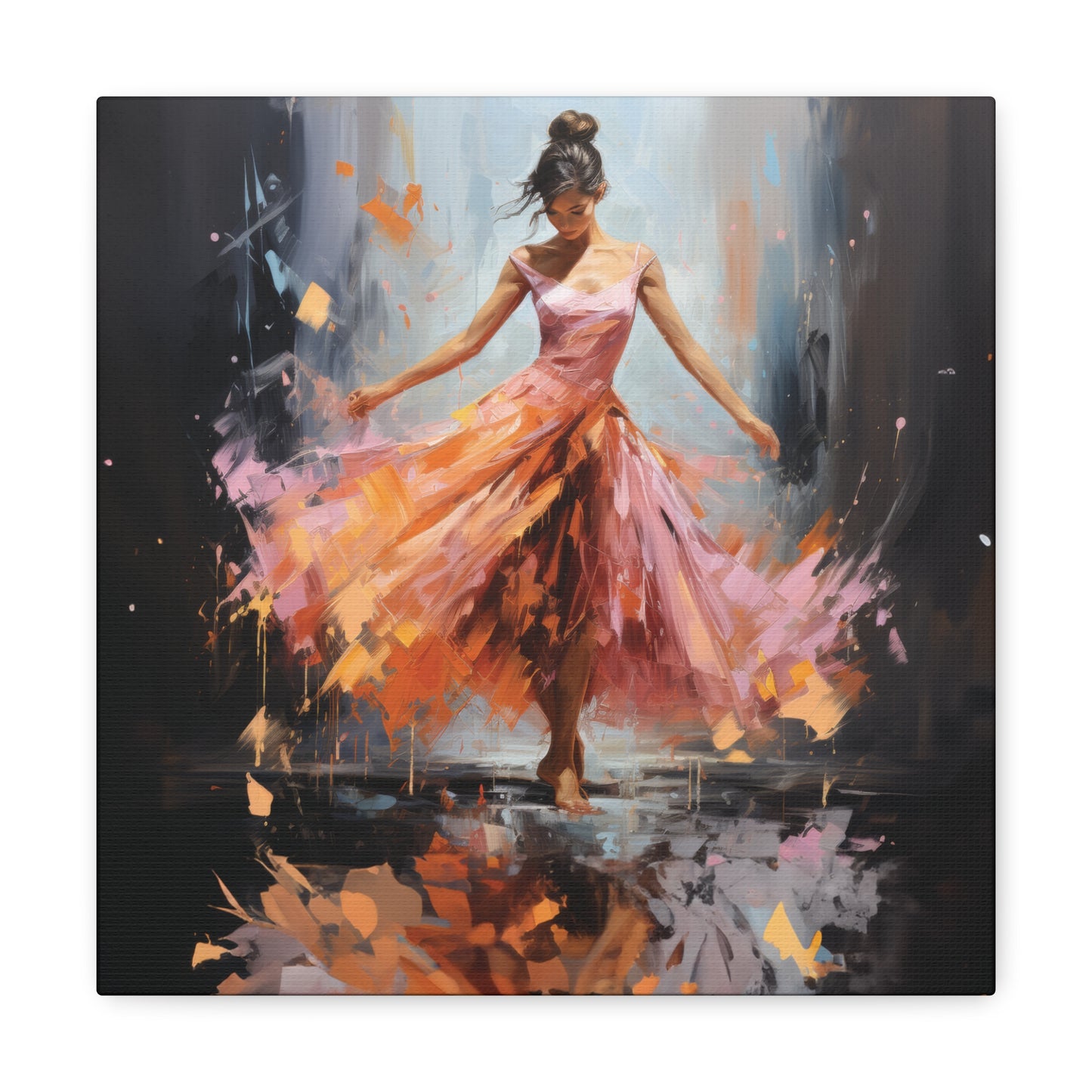 Swirling Splendor: Ballerina in Orange and Pink Dress Dancing Amidst the Reflecting Rain Print on Canvas Gallery - 13 Sizes