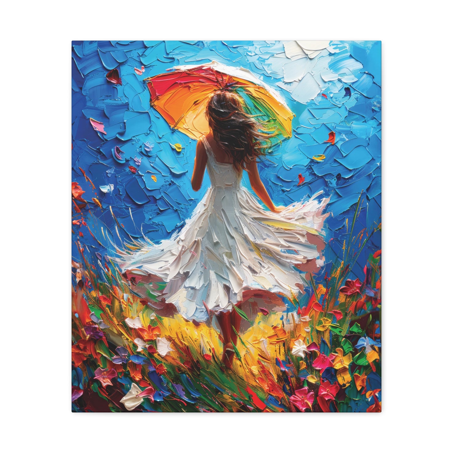 Spring Storm with Women Dancing in Field of Vibrant Spring Flowers Oil Painting Print on Canvas Gallery - 12 Sizes