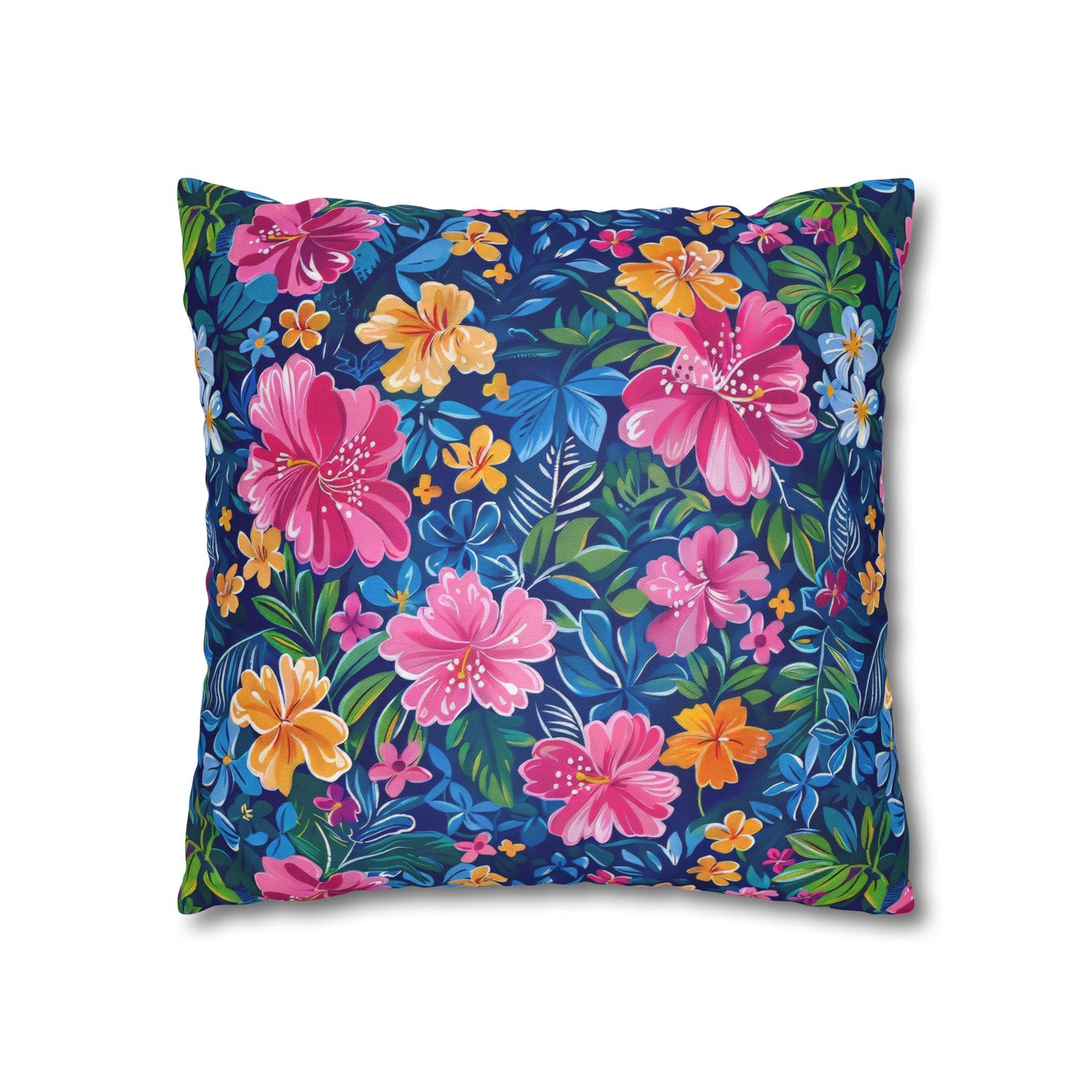 Tropical Sunrise Bloom: Pink Watercolor Flowers with Yellow and Blue Accents Spun Polyester Square Pillowcase 4 Sizes