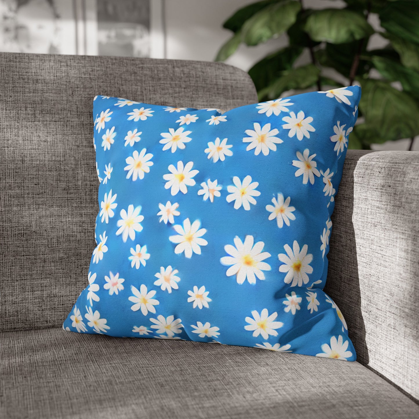 Skys Whisper: Tiny White Daisies on a Serene Blue Spun Polyester Square Pillowcase 4 Sizes