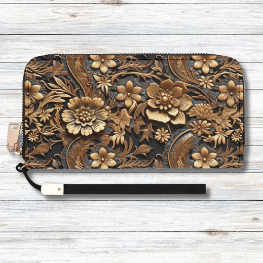 Print of Tooled Leather Large Gold Flowers with Blue Leaf Swirl Accents - Wristlet Wallet Leather (PU)