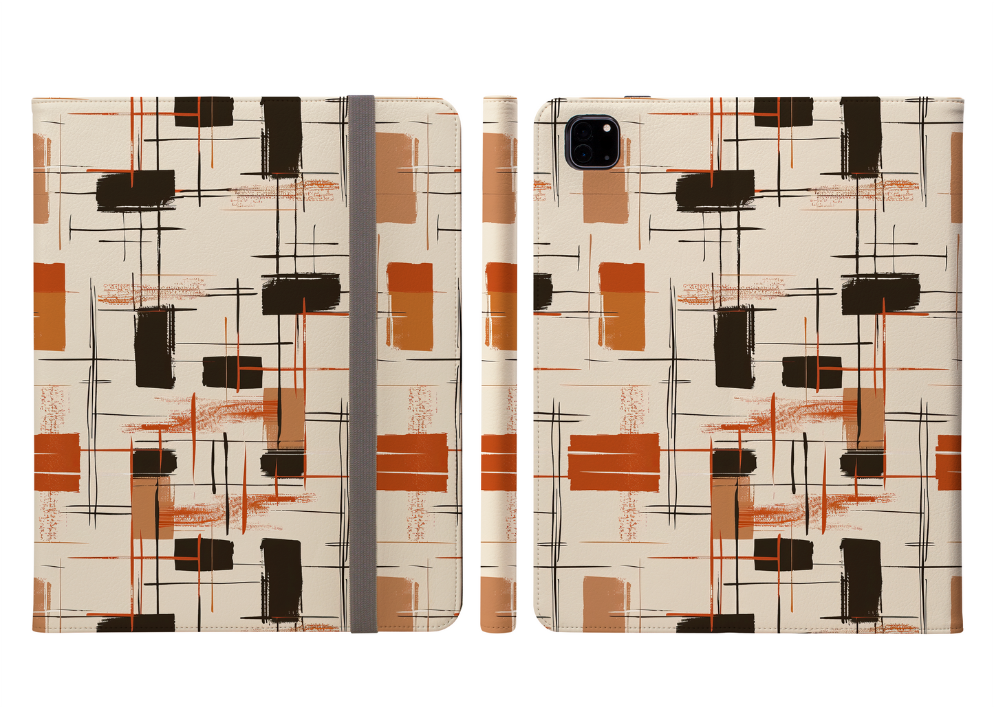 Modern Artistry in Bold and Minimalistic Pattern in a Palette of Black, Dark Orange, and Beige Protective iPad Pro 11 & Pro 12.9 Protective Case and Pencil Holder