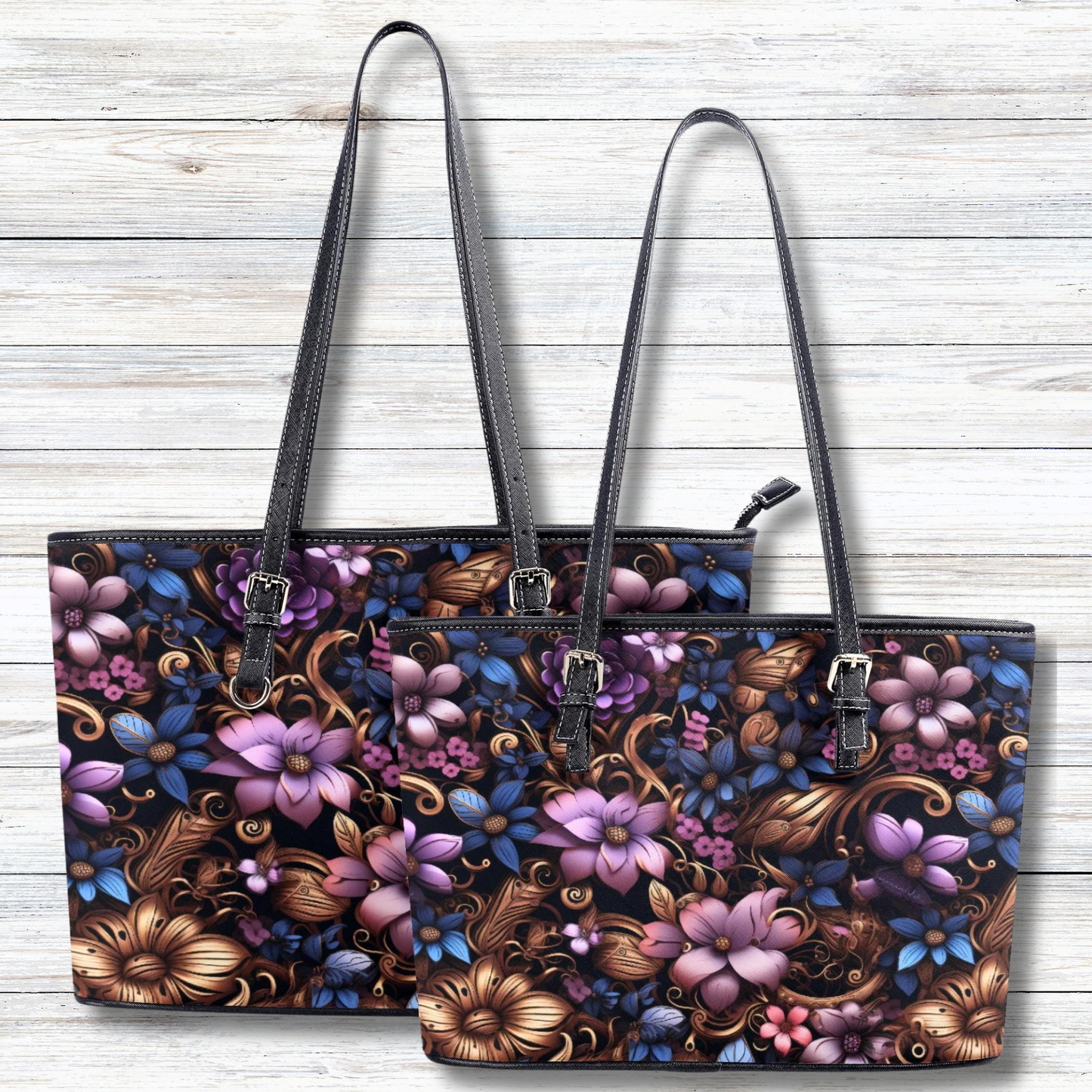 Steampunk Purple and Blue Flowers with Filigree and Gears and Mechanical Elements Professional Tote Bag Faux Leather (PU) - 2 Sizes