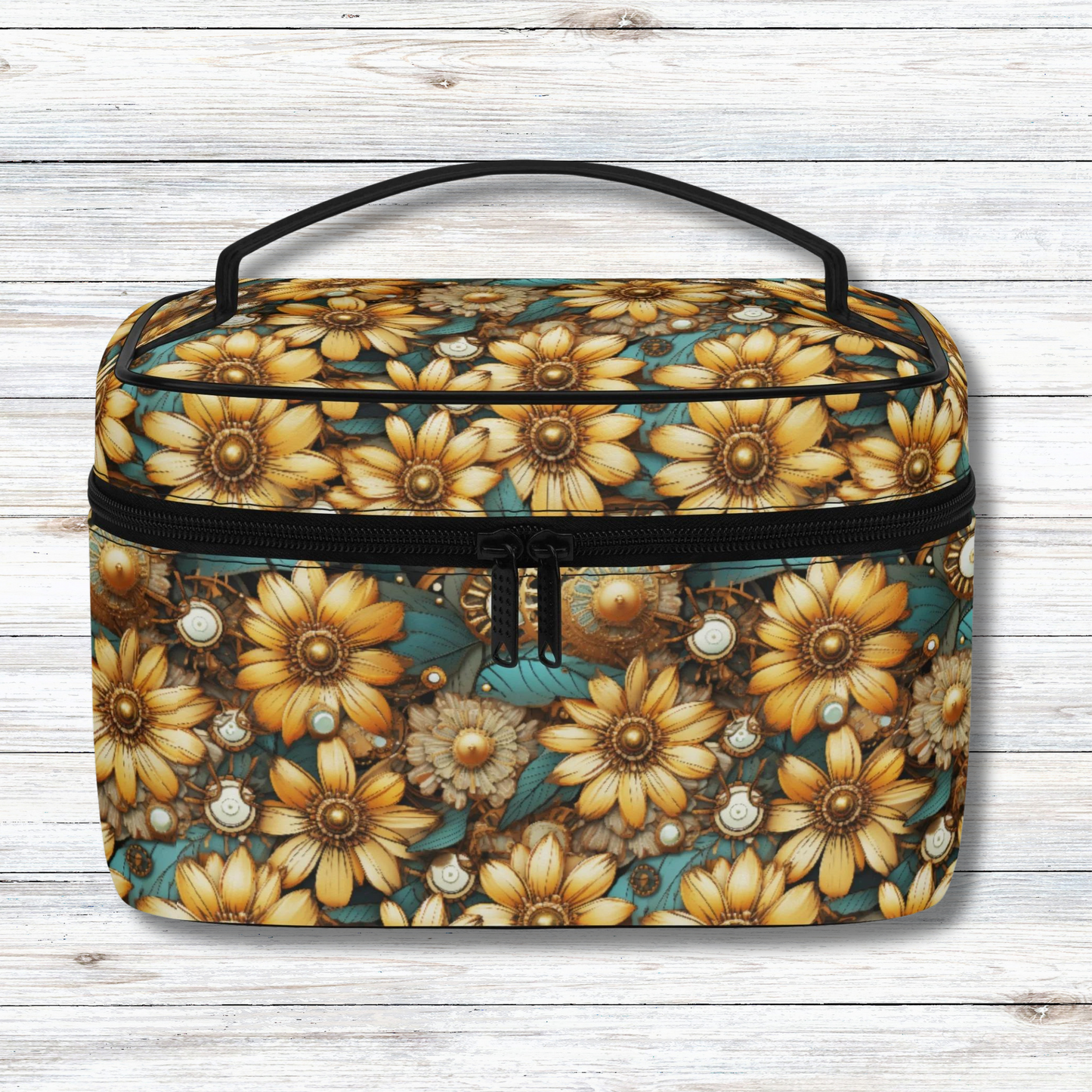 Victorian Steampunk Gold Flowers Teal Background with Gears and Mechanical Elements - Cosmetic or Toiletry Bag Faux Leather (PU)