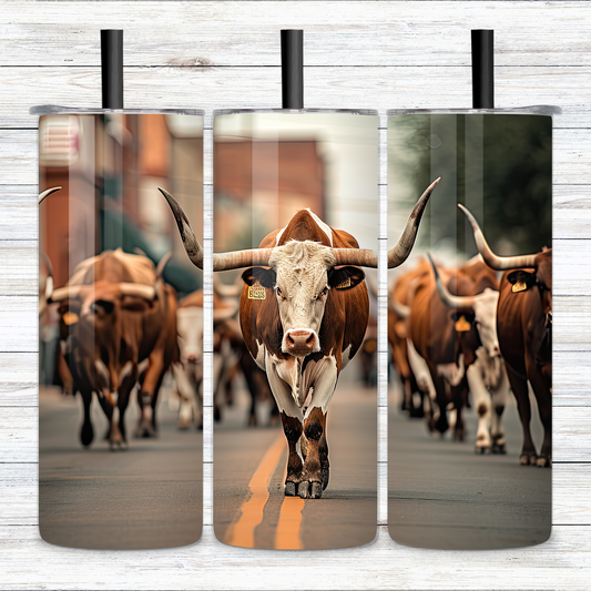 Lone Star Stride: Texas Longhorn Walking Through the Stockyards 20oz Skinny Tumbler with Straw