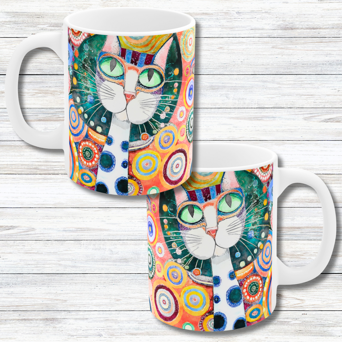 Whimsical Retro Flowers and Green Eyed Cat in Style of Klimt  - 11 oz Coffee