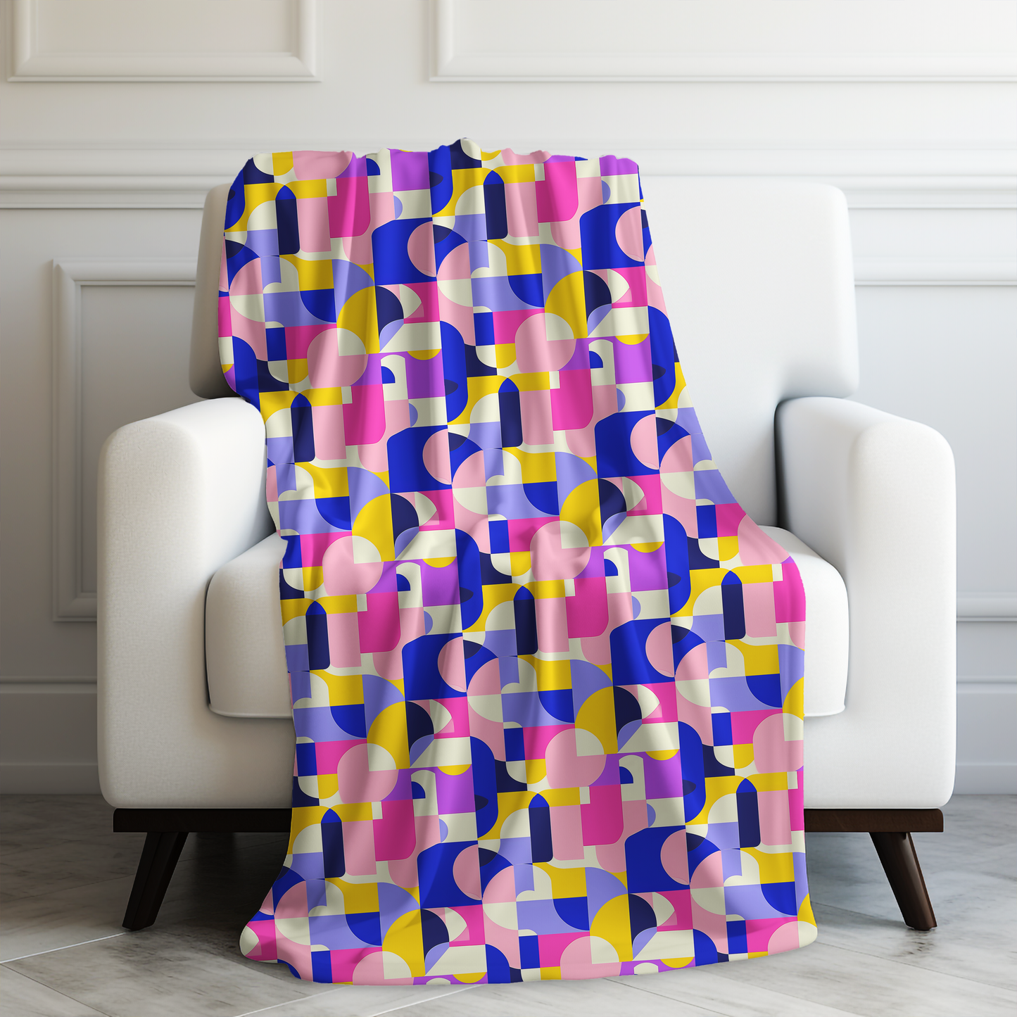 Vibrant Pink, Blue Yellow Color Block Geometric Shapes Velveteen Plush Blanket 3 Sizes