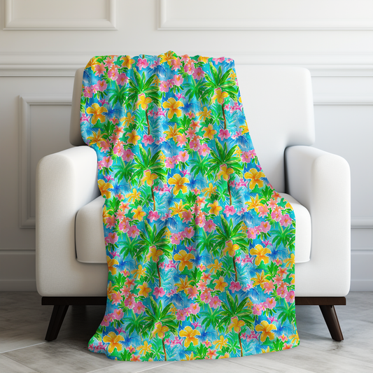 Tropical Harmony: Watercolor Yellow and Pink Hibiscus Flowers with Blue and Green Palm Leaves Velveteen Plush Blanket 3 Sizes