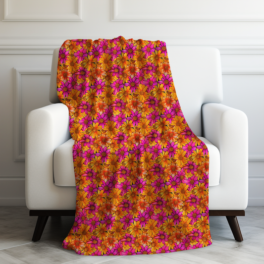 Vibrant Daisy Delight with Bold Orange and Pink Flowers Velveteen Plush Blanket 3 Sizes