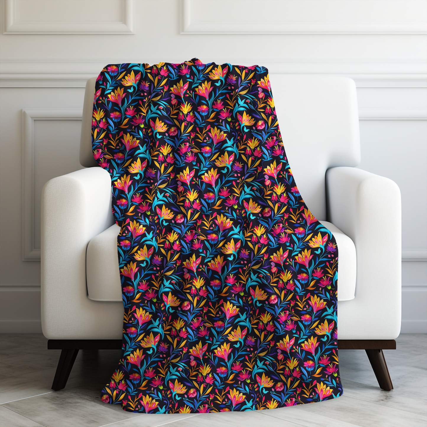 Vibrant Floral Fantasy in Midnight Garden Design Velveteen Plush Blanket 3 Sizes