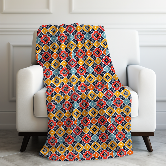 Vibrant Moroccan Orange, Gold and Blue Tile Pattern Velveteen Plush Blanket 3 Sizes