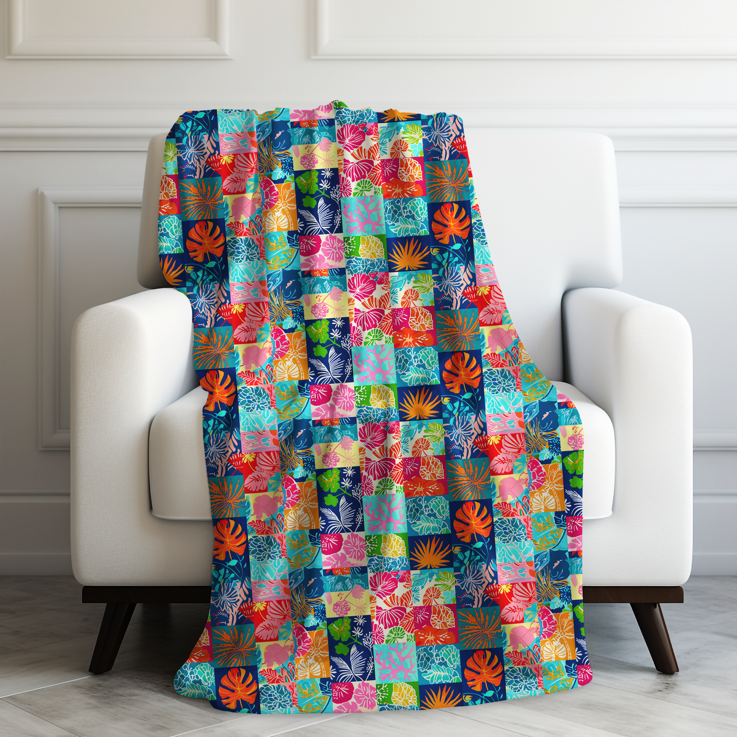 Vibrant Mosaic of Tropical Unique Shapes and Hues, from Vivid Oranges to Deep Blue Leaves and Flowers Velveteen Plush Blanket 3 Sizes