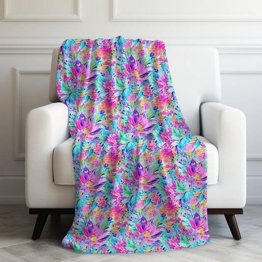 Tropical Prism: Rainbow Watercolor Flowers in Full Bloom Velveteen Plush Blanket 3 Sizes