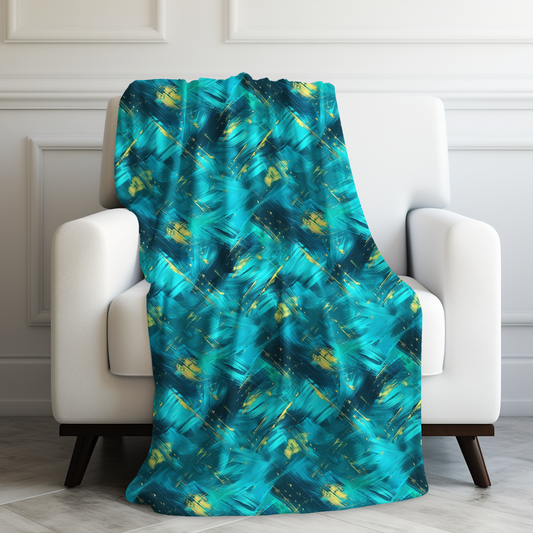 Vibrant Teal and Gold Abstract Brushstroke Pattern Velveteen Plush Blanket 3 Sizes