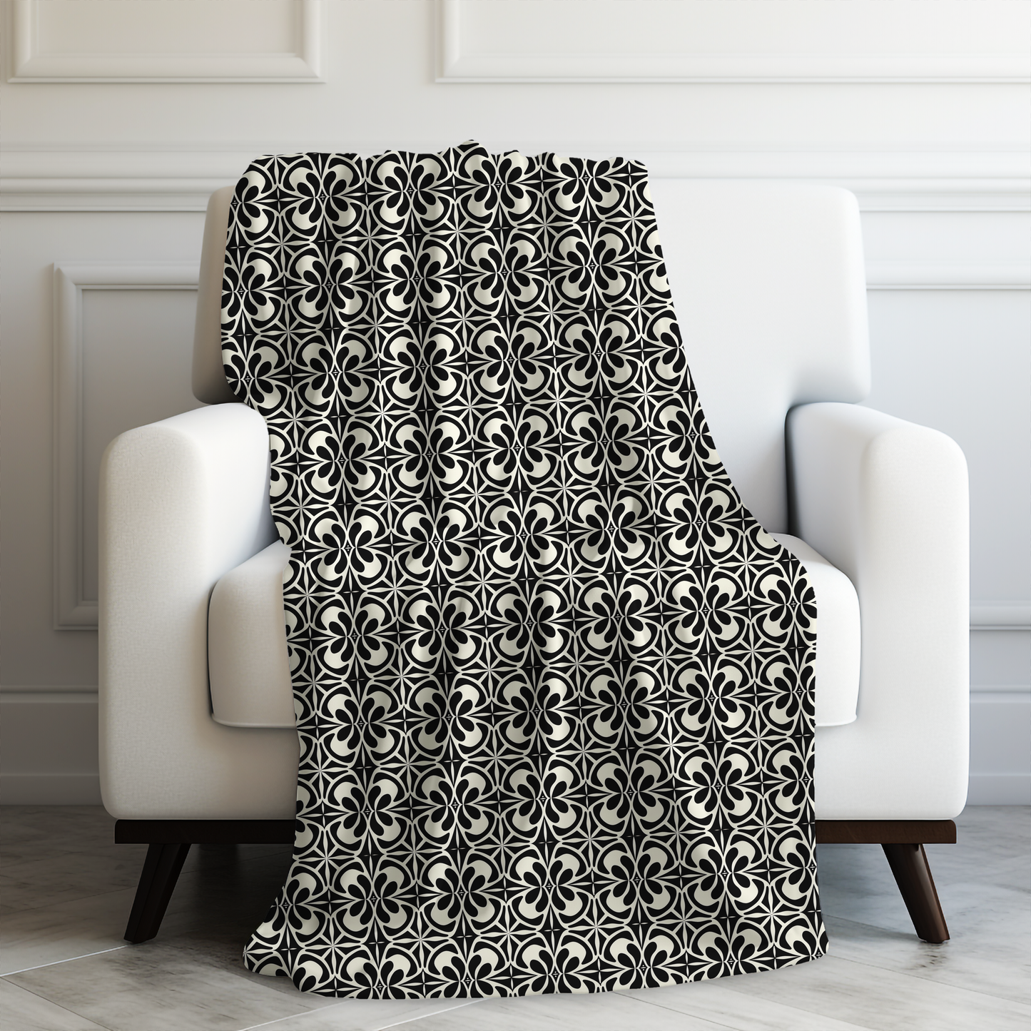 Vintage Retro Chic Bold Black and White Geometric Pattern Velveteen Plush Blanket 3 Sizes