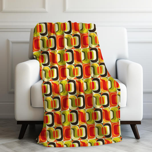 Vintage Vibes Retro 70s Geometric Pattern in Orange, Greens and Brown Tones Velveteen Plush Blanket 3 Sizes