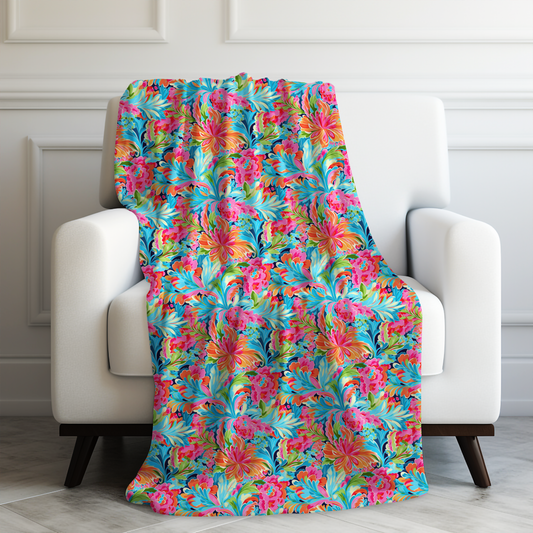 Tropical Radiance: Bursting Summer Blooms in Teal, Orange, and Pink Velveteen Plush Blanket 3 Sizes