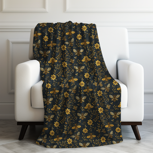 Vintage Honeybee Garden with Elegant Golden Floral Pattern Velveteen Plush Blanket 3 Sizes