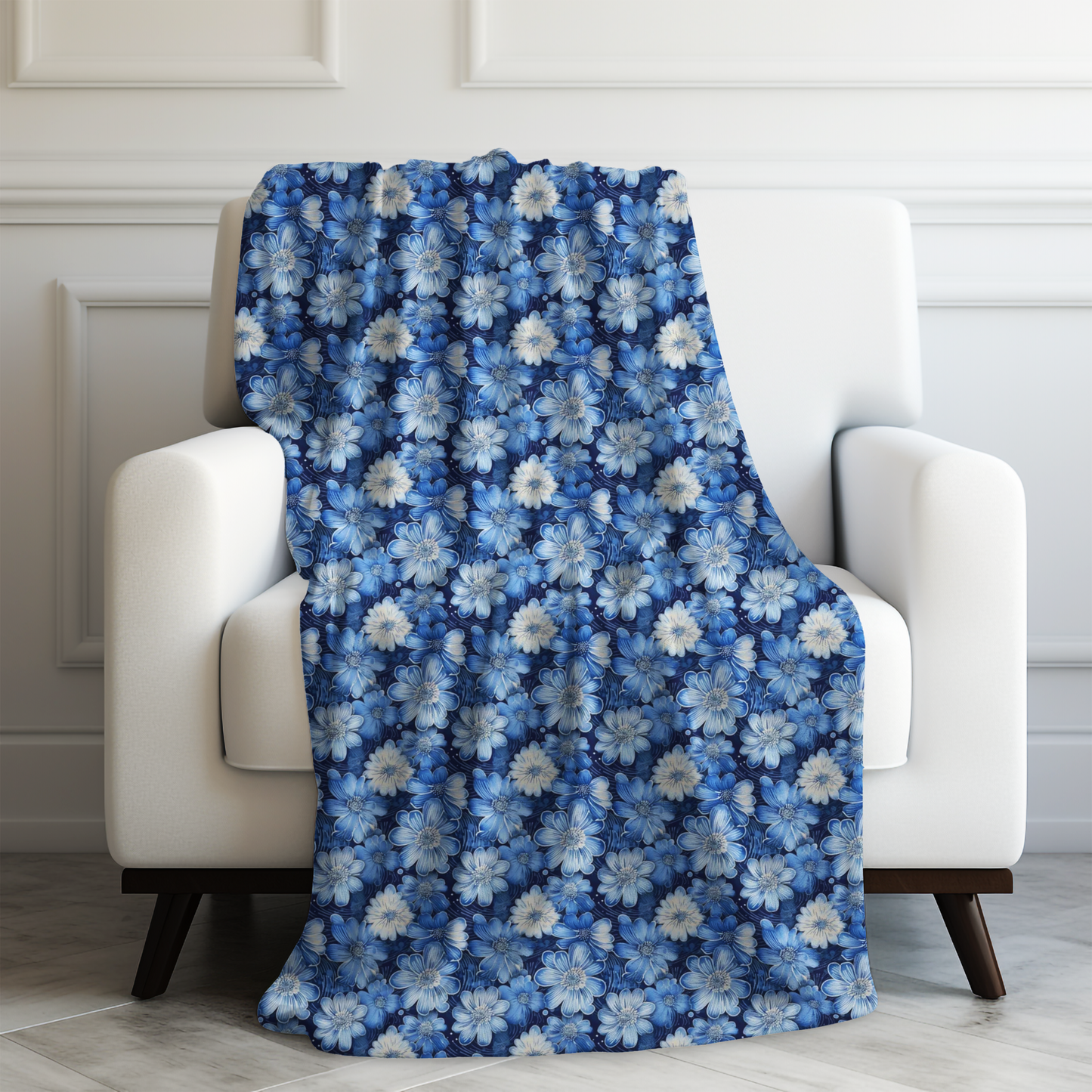 Watercolor Blossom in Blue and White Velveteen Plush Blanket 3 Sizes