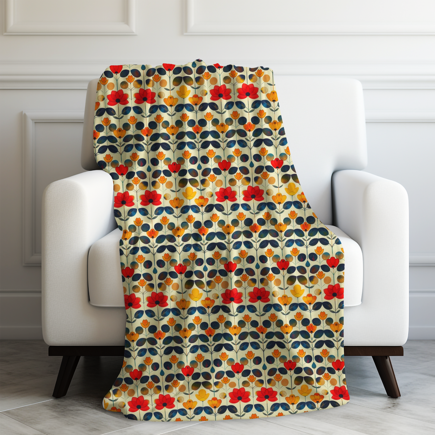 Whimsical Yellow, Red, and Blue Flower Design Velveteen Plush Blanket 3 Sizes